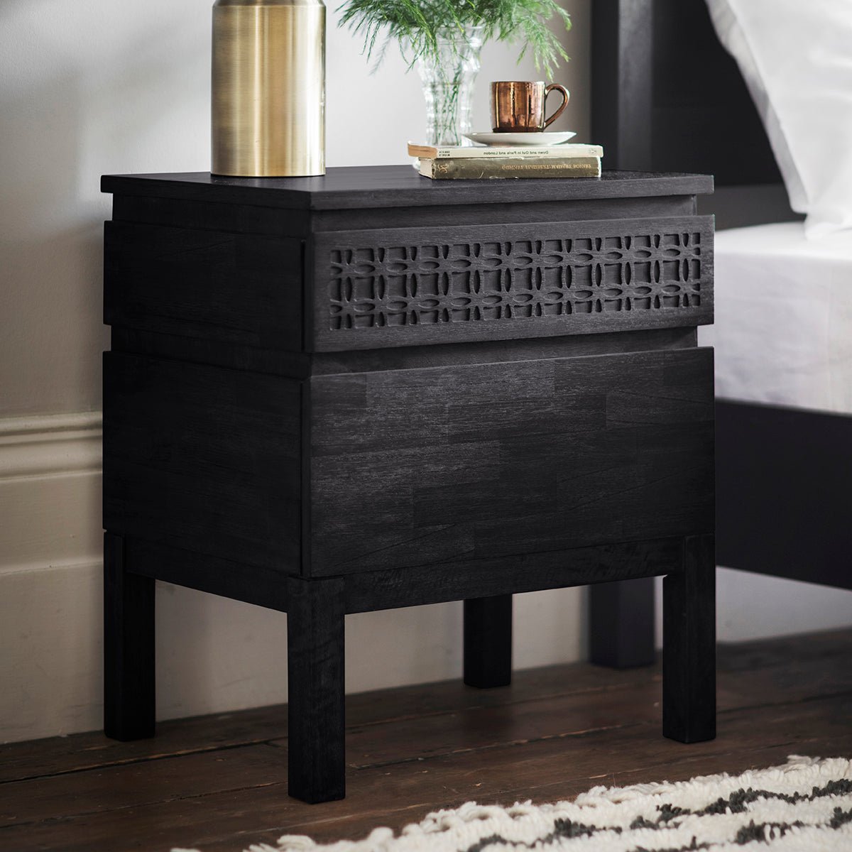 Boho Boutique 2 Drawer Bedside - Black - hdesign - Bedside Tables