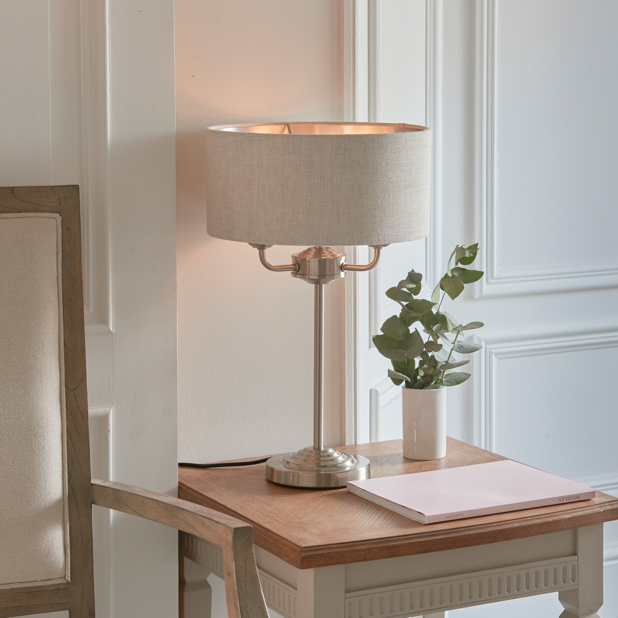 Highclere Table Light - Chrome & Natural Linen - hdesign - Table Lamps